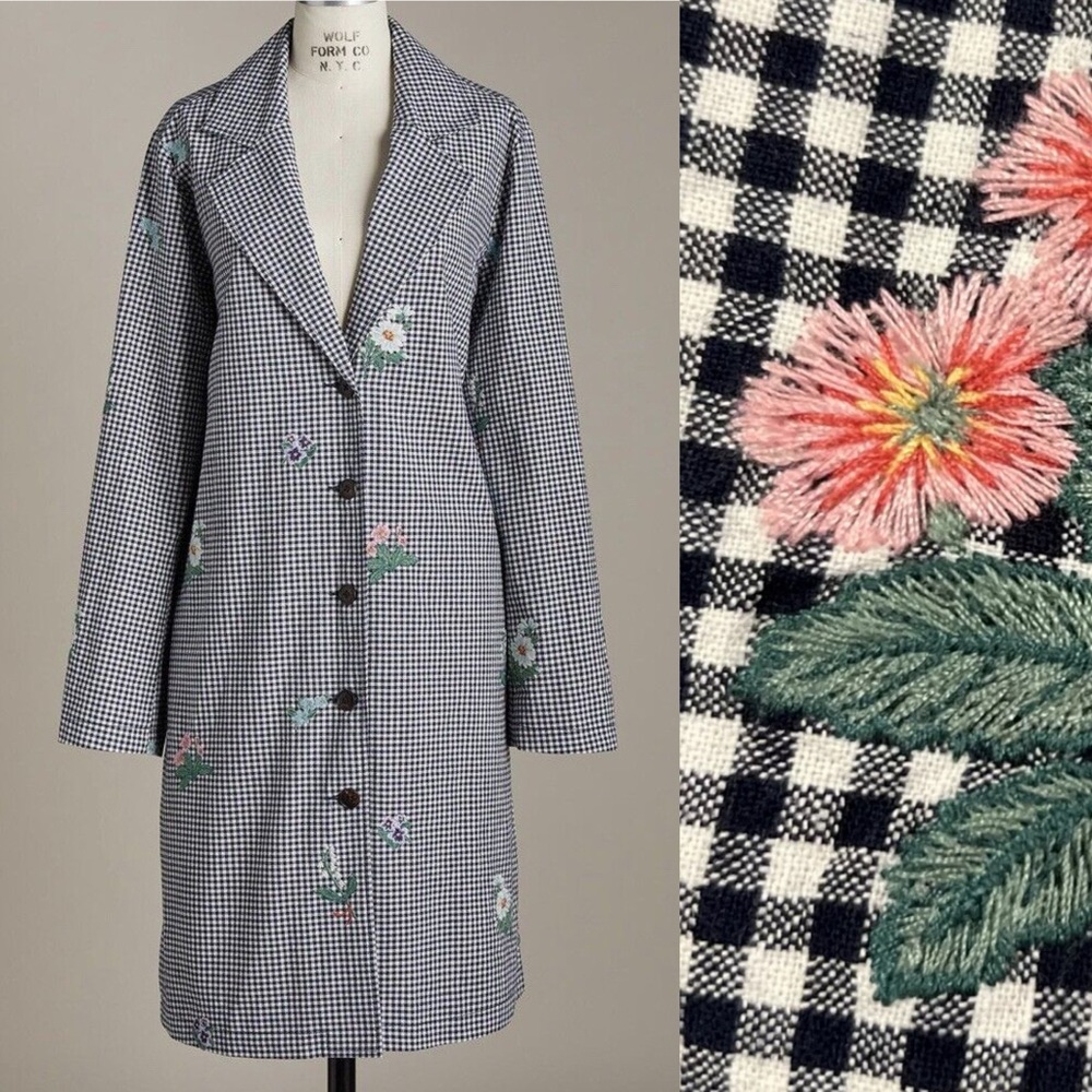 Embroidered Gingham Long Coat - Black & White With Pink Floral Embroidery